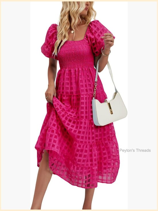 Dresses & Skirts - Smocked Chest Puff Sleeve Square Neck Plaid Tulle Dress